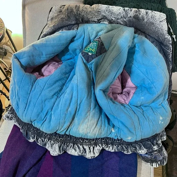 Vtg 80s 90s Acid Wash Denim Puffer Jacket Patchwork Glam Rock Hip Hop Bomber M - Picture 16 of 16